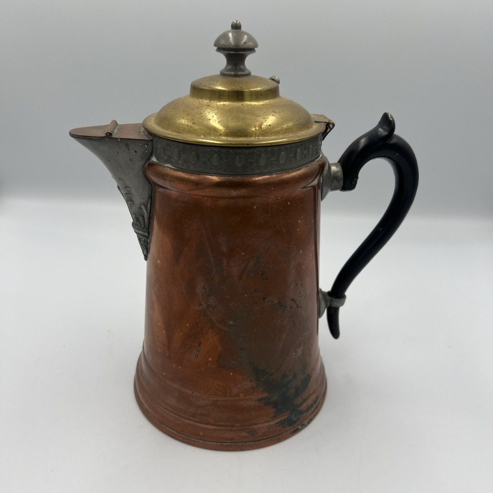 Vintage Copper And Brass Revere Ware Tea Kettle Wood Handle Double Circle